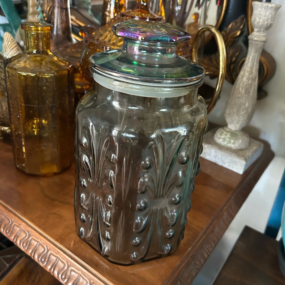 Vintage L.E. Smith Atterbury Scroll Iridescent Smoked Carnival Glass Canister